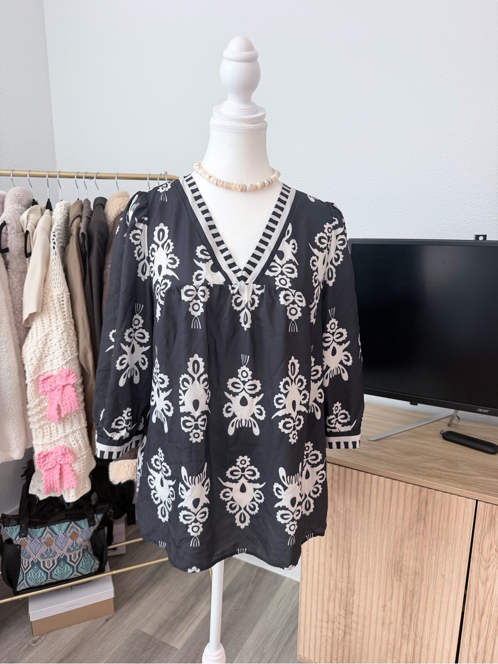 Black and White Embroidered V-Neck Women's Top
